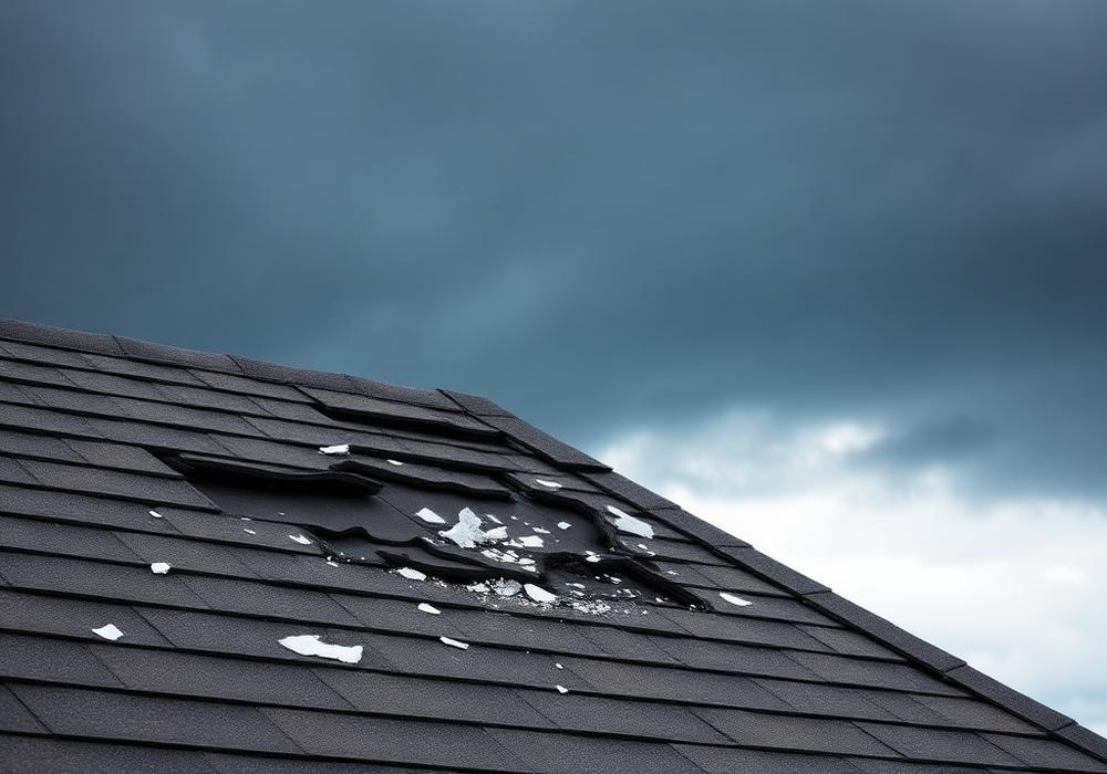 Hail damaged shingle roof under dark Texas storm clouds